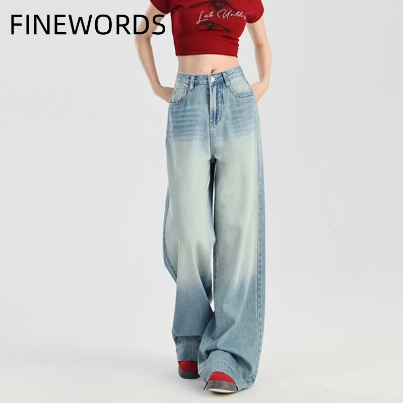 

FINEWORDS High Waist Baggy Jeans Korean Casual Vintage Harajuku Washed Blue Jean Full Length Streetwear Y2K Wide Leg Denim Pants