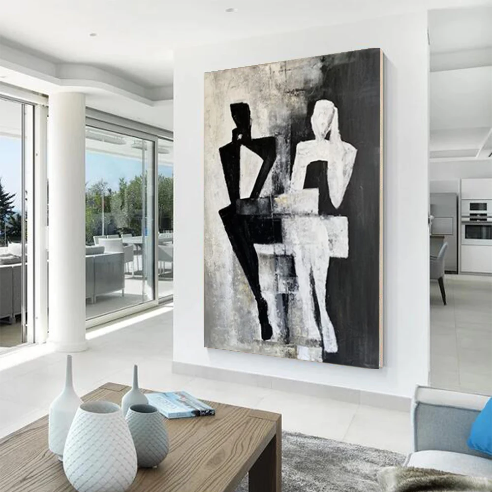 

Handmade Abstract Oil Painting Black white characters Pattern Modern Canvas Picture Wall Art Pendant For Home Room Decor Mural