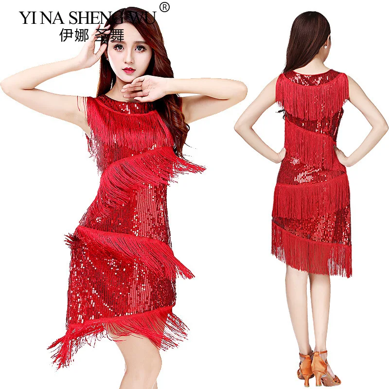 Vestido de baile latino sin mangas para mujer, vestido de baile de salón de Salsa Tango con borlas, traje de práctica de competición de baile latino