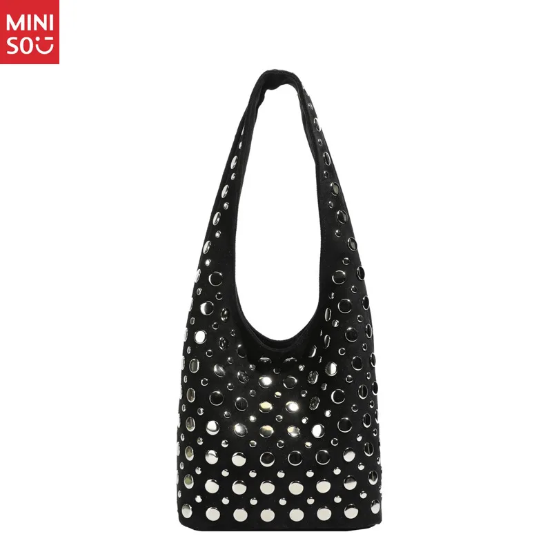 Miniso Punk Style Embellished Double-Faced Round Rivet Inlaid Niche Luxury Bucket Bag Chic Lady Underarm Large Capacity Shoulder