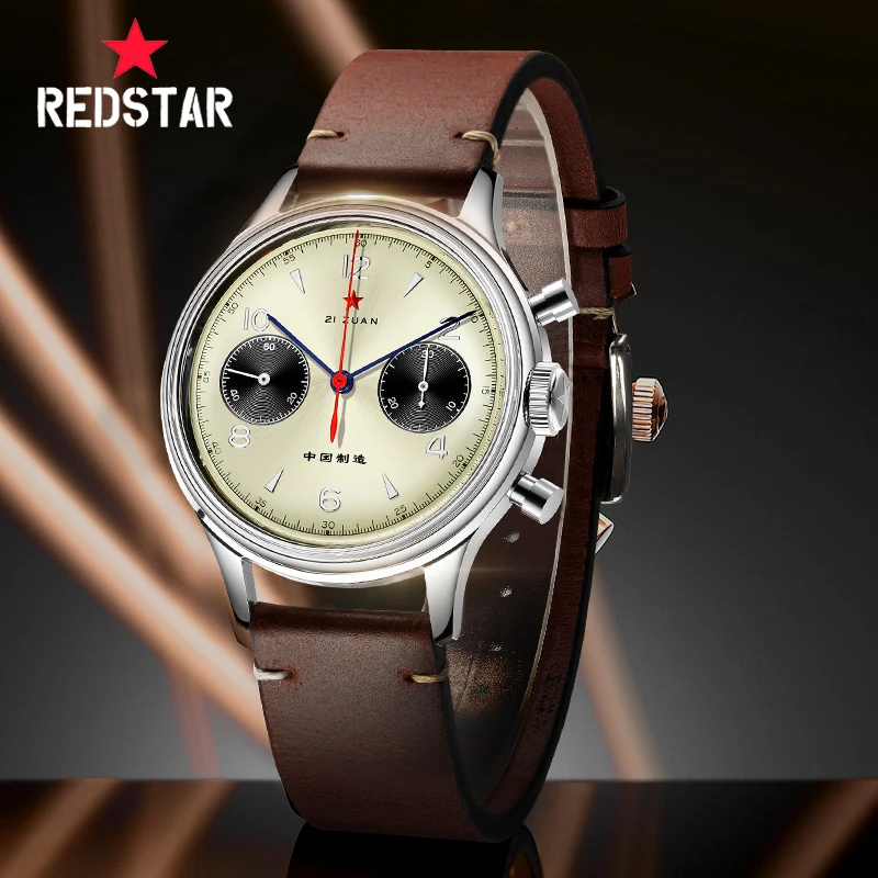 RED STAR Vintage Men\'s 1963 Chronograph 21 Zuan Hand Winding Watch Original Seagull ST901 Movement Sapphire Pilot with Gooseneck