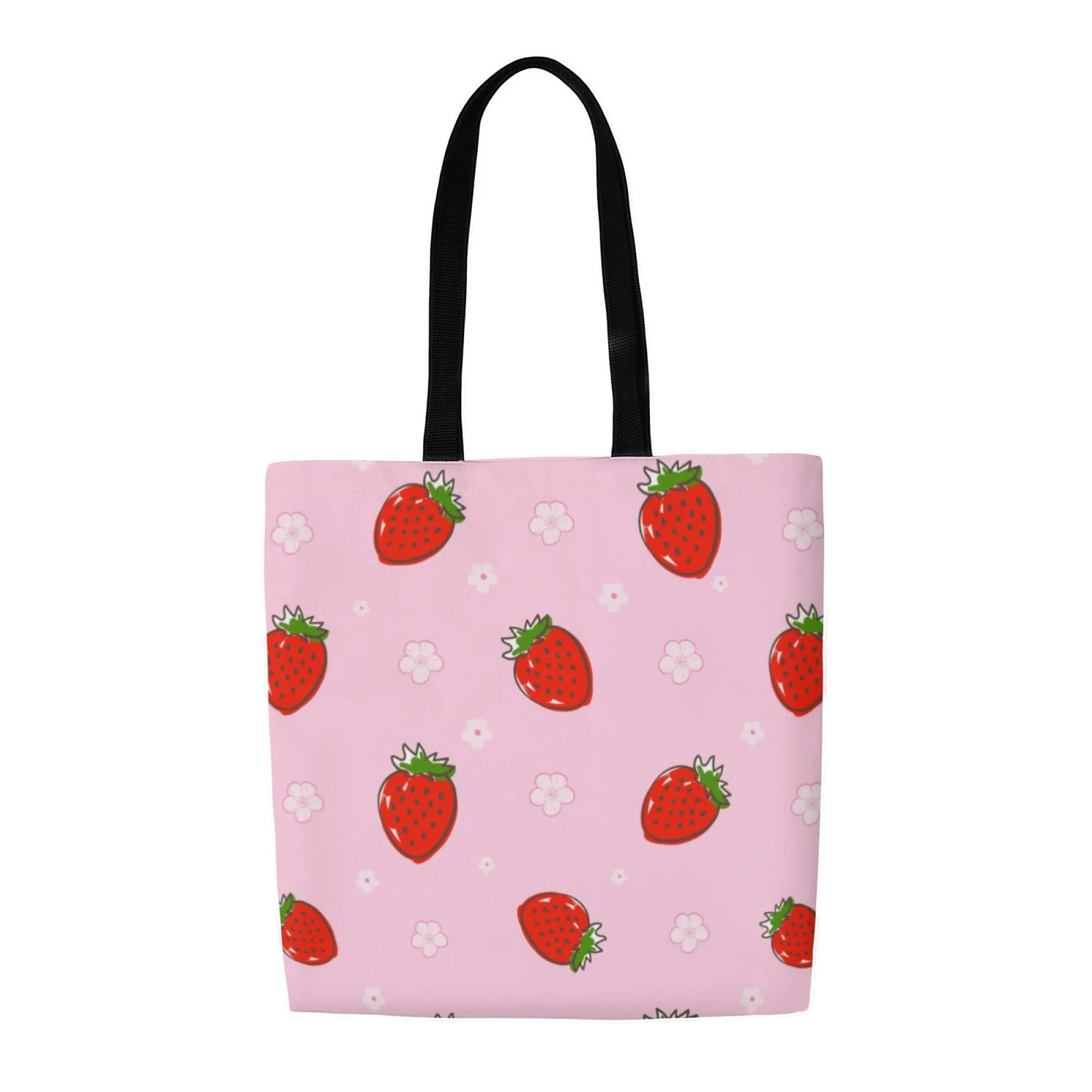 Women's Minimalist Sweet Strawberry-Floral Canvas Tote Bag Pink Fruit-Flower Reusable Shopping for Daily Use Work & Street