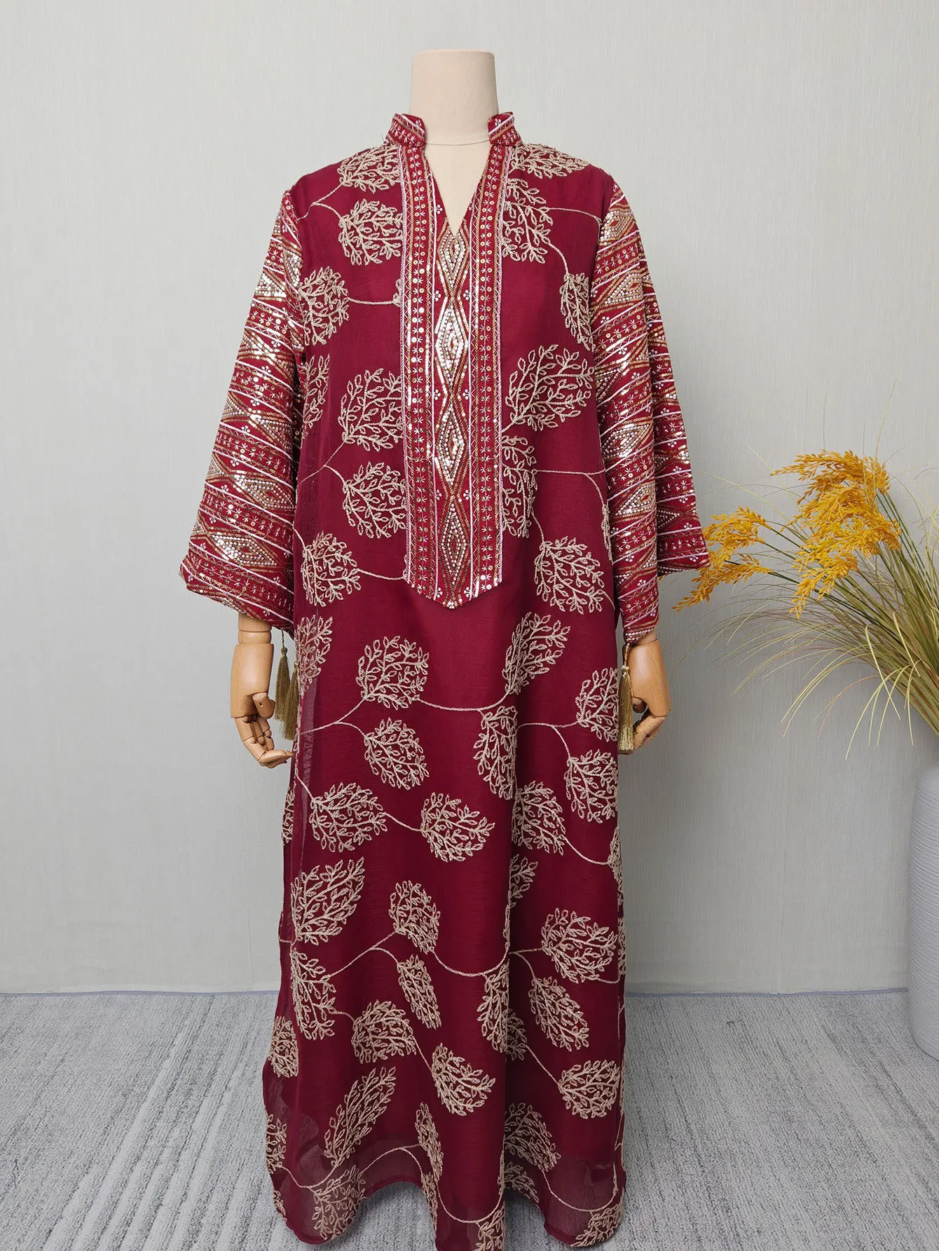 

Luxurious Kaftan Delicately Embroidered Tassel Kaftan Graceful Muslim Long Kaftan Fashionable Bohemian Floorlength Dress
