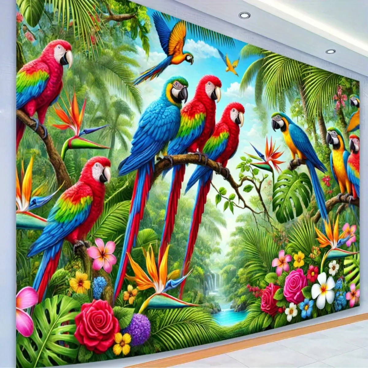 Tropical Parrot Wall Tapestry Vibrant Jungle Art Decor Exotic Birds Flowers Hanging