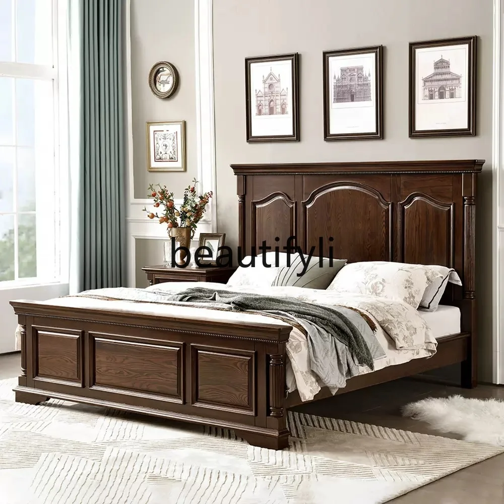 

American Style Solid Wood Bed Retro 1.8m Double American Style Modern Master Bedroom Solid Wood Bed