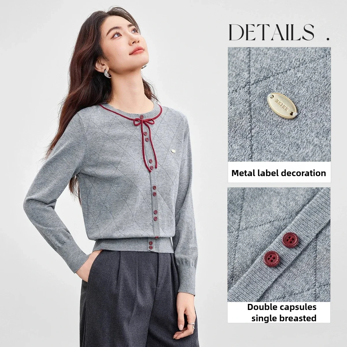 SENTUBILA Damen-Cardigan mit Schleifendetail, Herbst, elegant, Rundhalsausschnitt, Kontrastpullover und Pullover, langärmelig, Damenoberteile W53HE3389