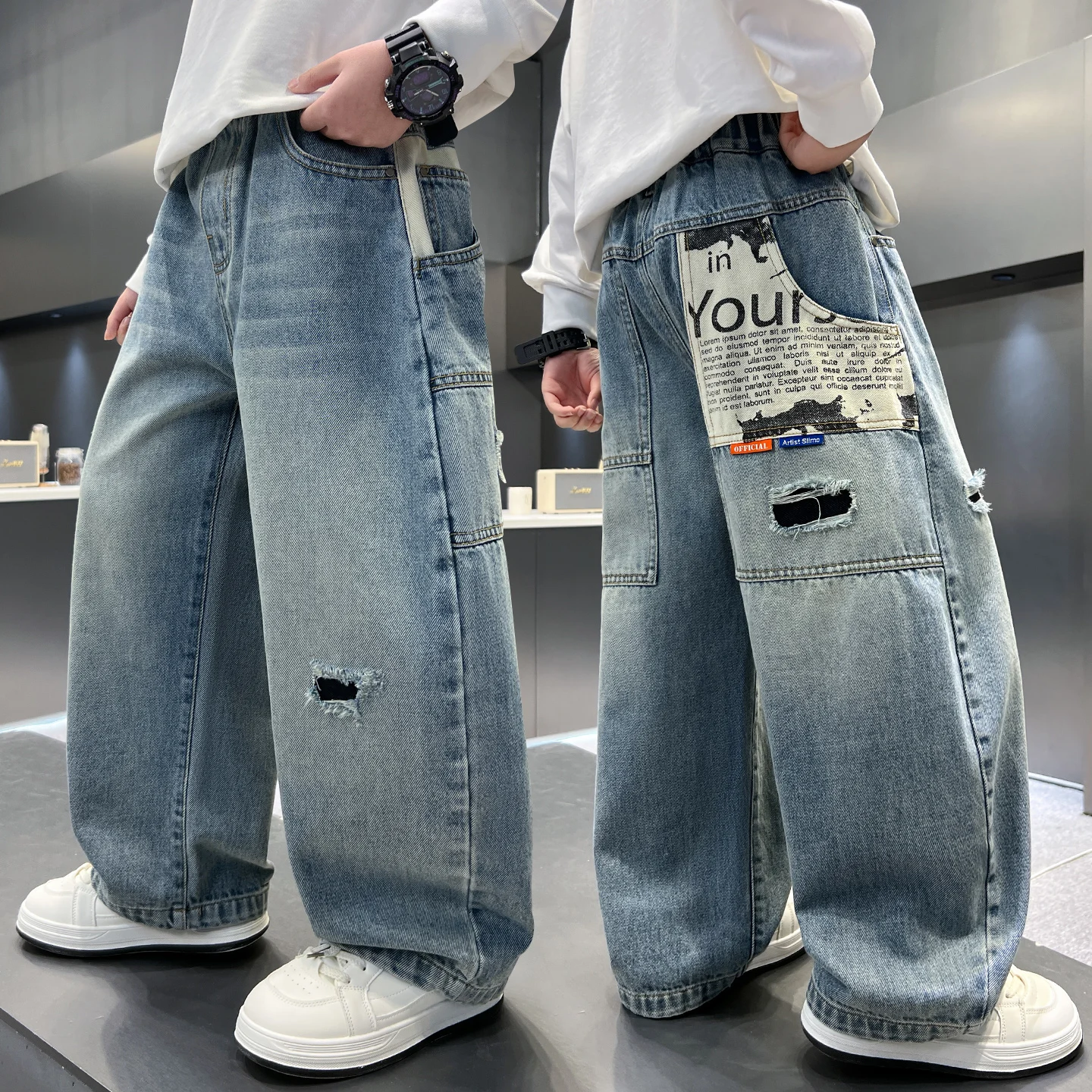 New Spring Kids Children Stylish Ripped Baggy Jeans with Holes for Teen Boys Fashion Street Denim Pants 5 6 7 8 9 11 13 14 Years