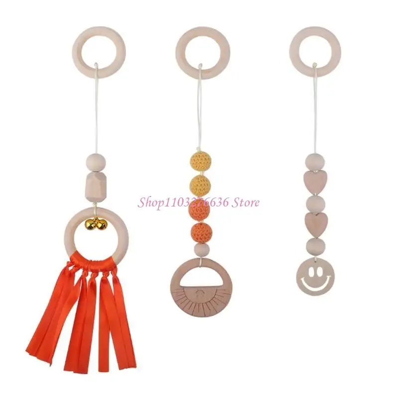R6FD 3Pcs Baby Gym Frame Pendants Beech Wooden Ring Knit Beads Teether Stroller Ratte