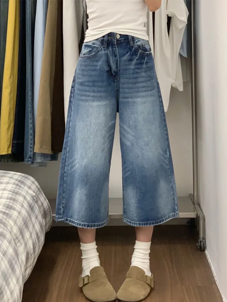 Cintura alta perna larga jeans feminino solto ajuste casual sle verão novas calças faion com kets cintura alta comprimento de sete pés