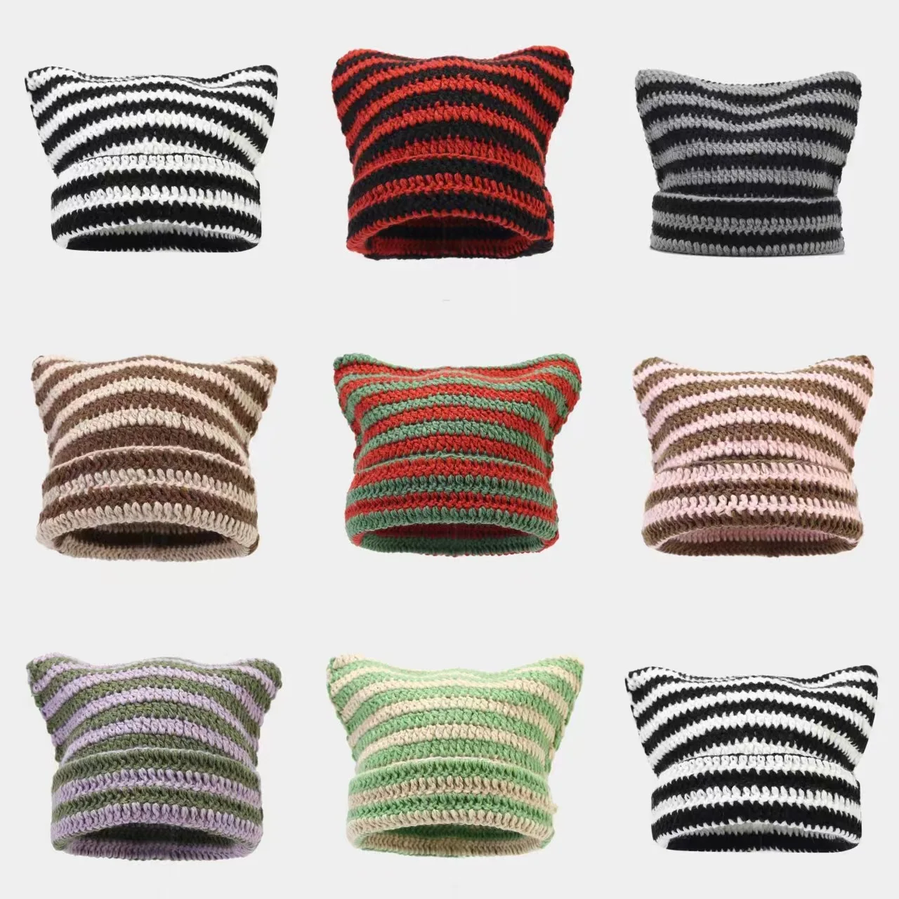 Y2K Knitted Cute Cat Ears Beanie Hats for Women Winter Warm Striped Korean Punk Gothic Streetwear Handmade Crochet Bucket Cap
