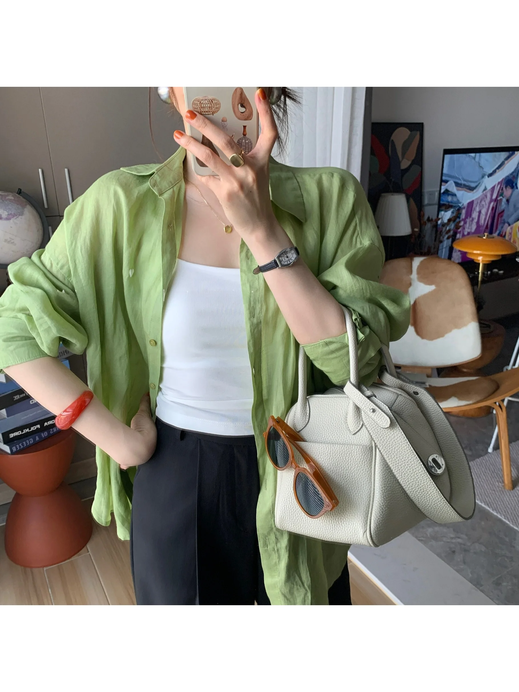 

Miss Bai Ling Lan Korean Style Long Sleeve Linen Shirt Women's Thin Breathable Sun Protection Shirt Comfortable Commute Sprin...