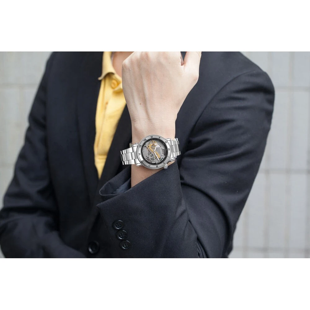 SHENHUA 남성용 투명 자동 기계식 시계, 스테인리스 스틸 스트랩, 빈티지 스켈레톤 시계, 야광 남성 시계