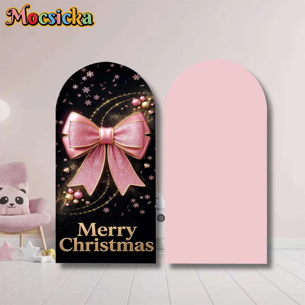 

Mocsicka Merry Christmas Arch Cover Backdrop Soft Double-Sided Arched Background Family Holiday Party Pink Bow Decor Studio Prop