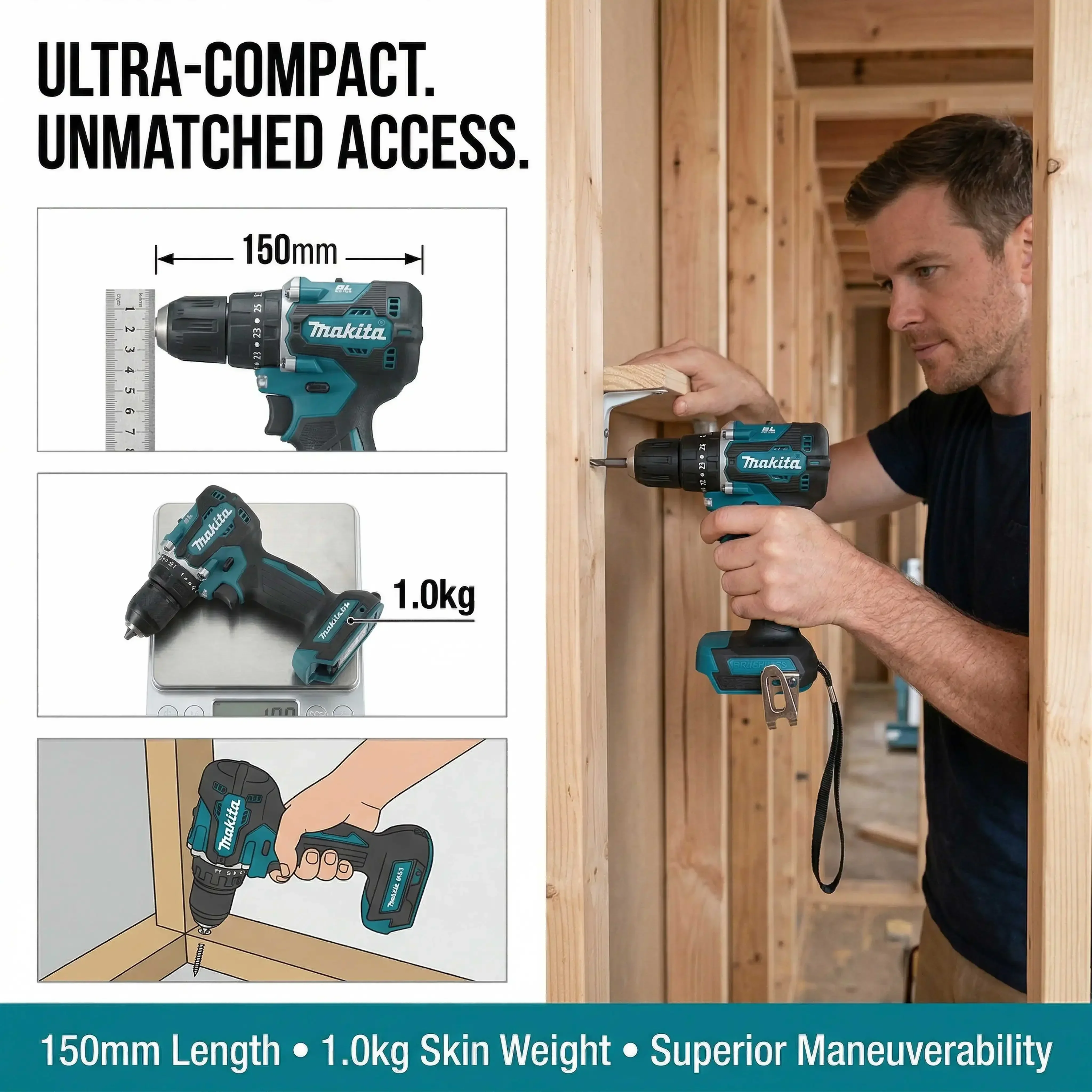Makita 18V LXT Bürstenloser Bohrschrauber DDF487 60N Drehmoment 0-500/0-1700 U/min 0,3-10mm Bohrfutter für die Installation von Zaun- und Torriegeln – Detail 1