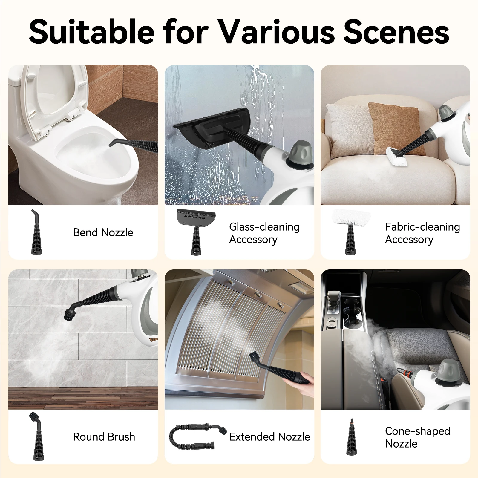 3.0Bar Handheld Steam Cleaner,11.83oz Tank & 10-15min Continuous Steam, 5 Interchangeable Nozzles for Multi-Surface Cleaning