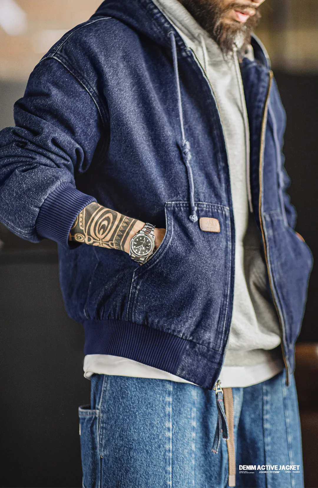 Maden Retro Men's J130 10.5oz Denim Jacket Heavyweight Washed Aged Hooded Jacket Zipper Work Coat with Large Pockets for Fall 32 Sf8639684634541f0af358d404c2956f57