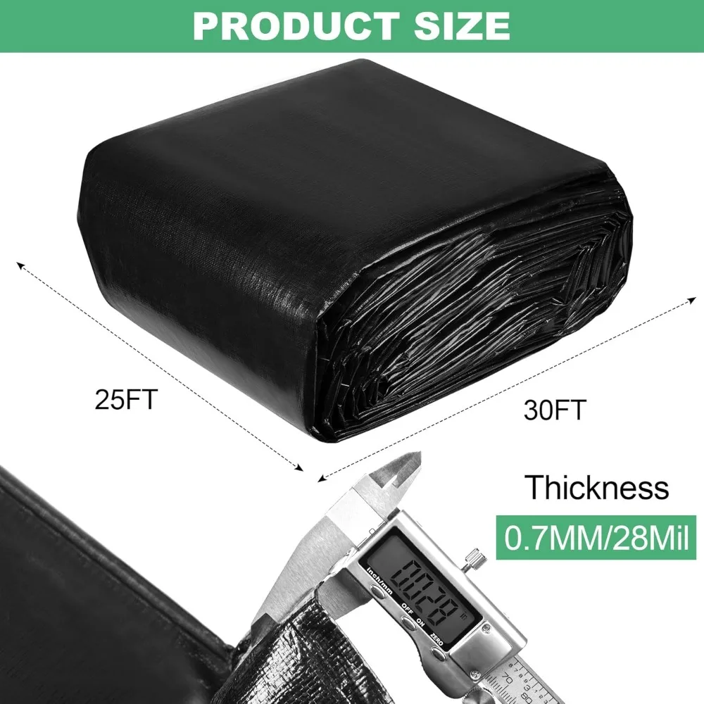 25 x 30FT Pond Liner, 28Mil PE Preformed Pond Liner with 22 Hemmed Edge Buttonholes Sun Resistant Easy Cutting for Outdoor Ponds