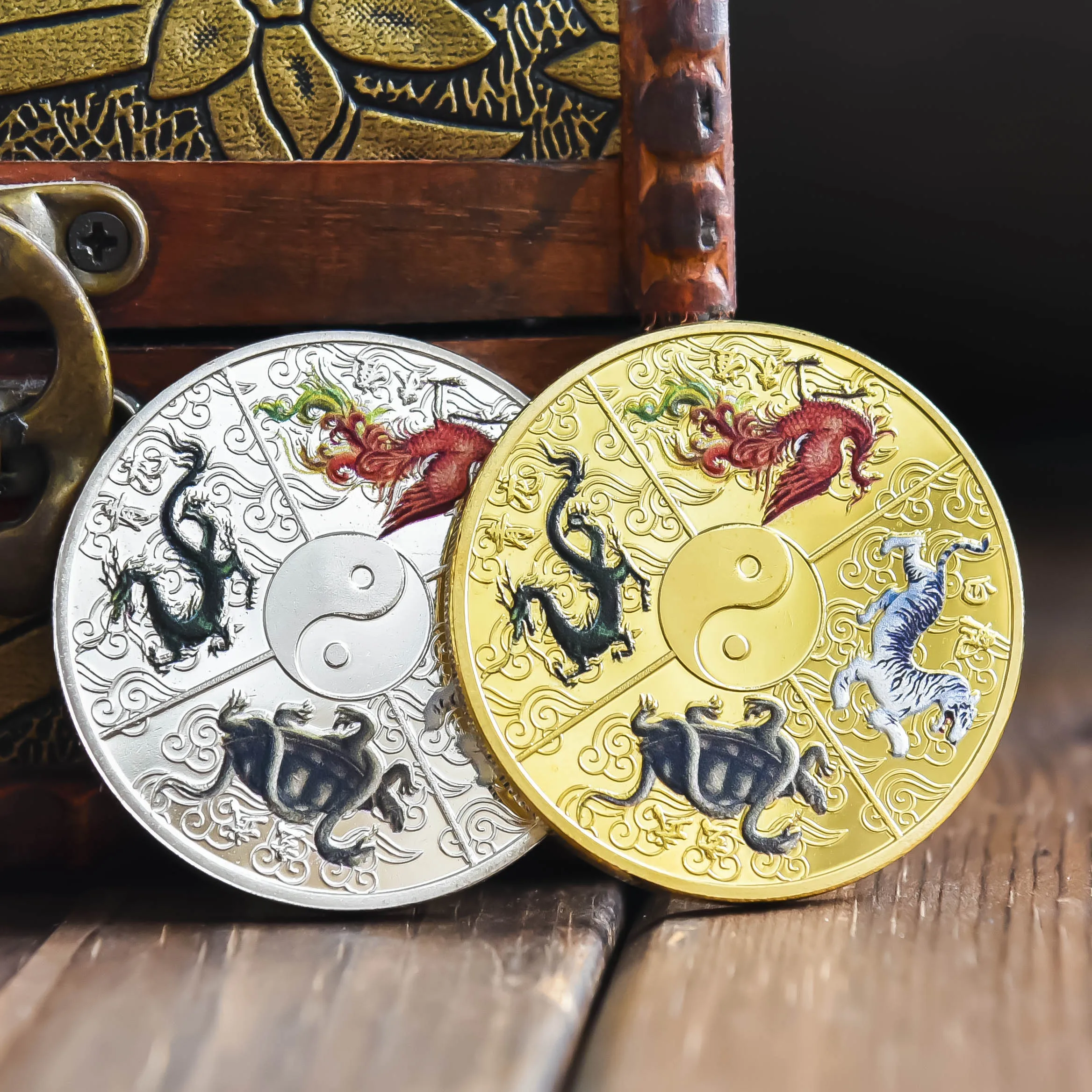 New Chinese Ancient Mythical Creatures for Luck Dragon Tiger Gold Coin Collection Miniatures Commemorative Souvenir For Home