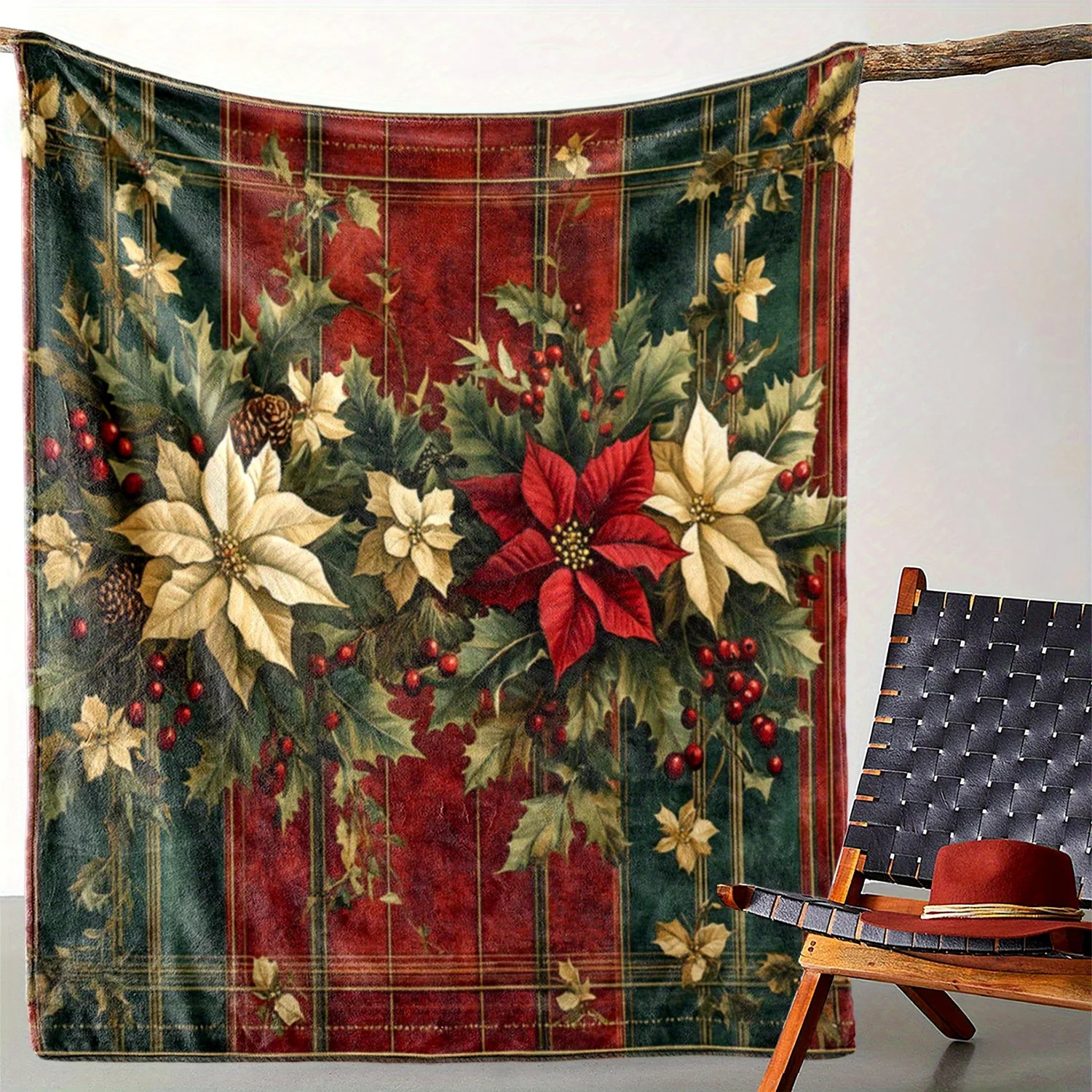 Acogedora manta navideña de franela con diseño de fruta roja acebo, manta suave y cálida para sofá, cama, coche, oficina, Camping