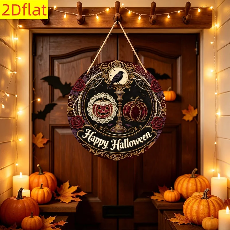 2D Flat, 1pc Wooden Round Hanging Sign, Suitable for Front Door Wall Hanging, Perfect for Halloween, Christmas