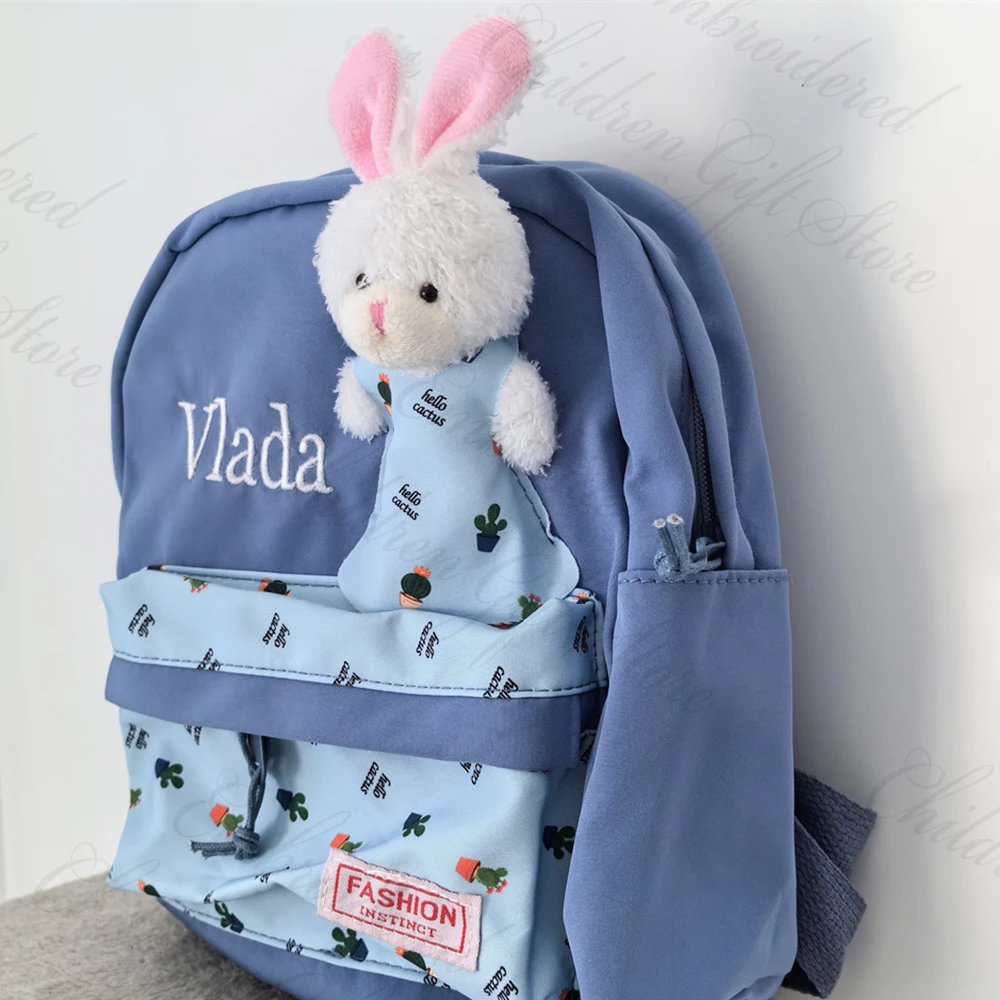 Mochila pequeña con nombre personalizado para niños, morral escolar con dibujos animados de conejo, juguete para niños