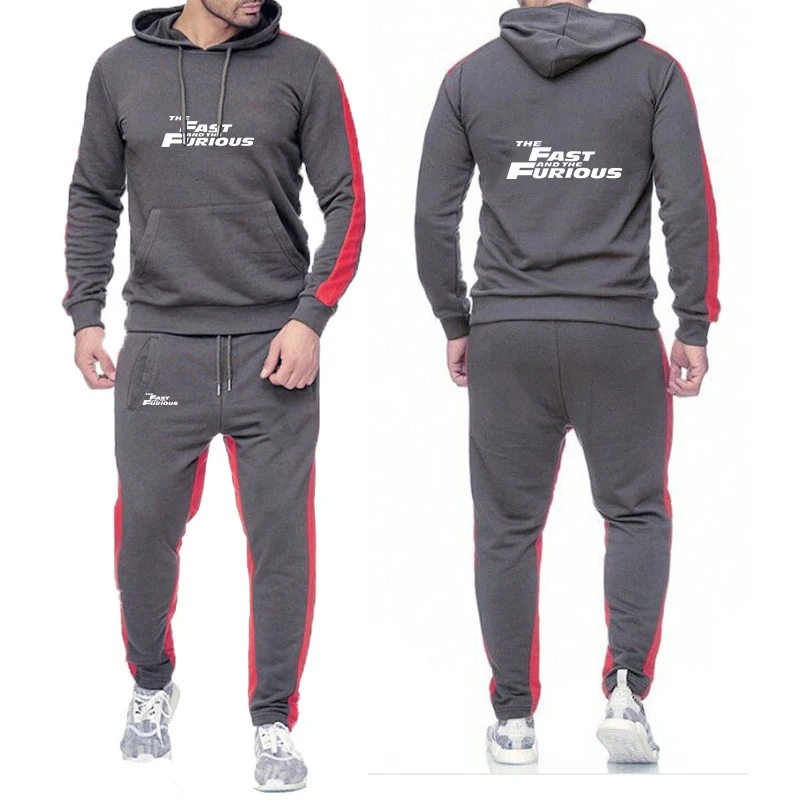 

2025 Spring And Autumn Men's New Fast and Furious Solid Color Pocket Hoodies + Casual Drawstring Sweatpants Suit