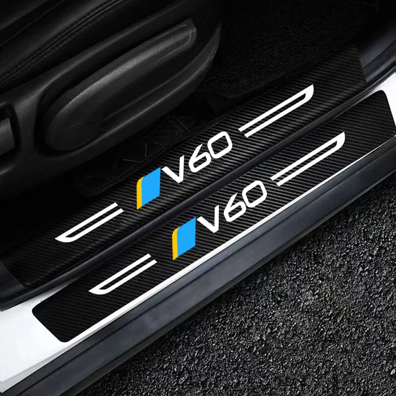 Carbon Fiber Car Door Sill Protector Stickers For Volvo V60 Badge Rear Trunk Threshold Bumper Strips Anti-Scratch Guard Cover