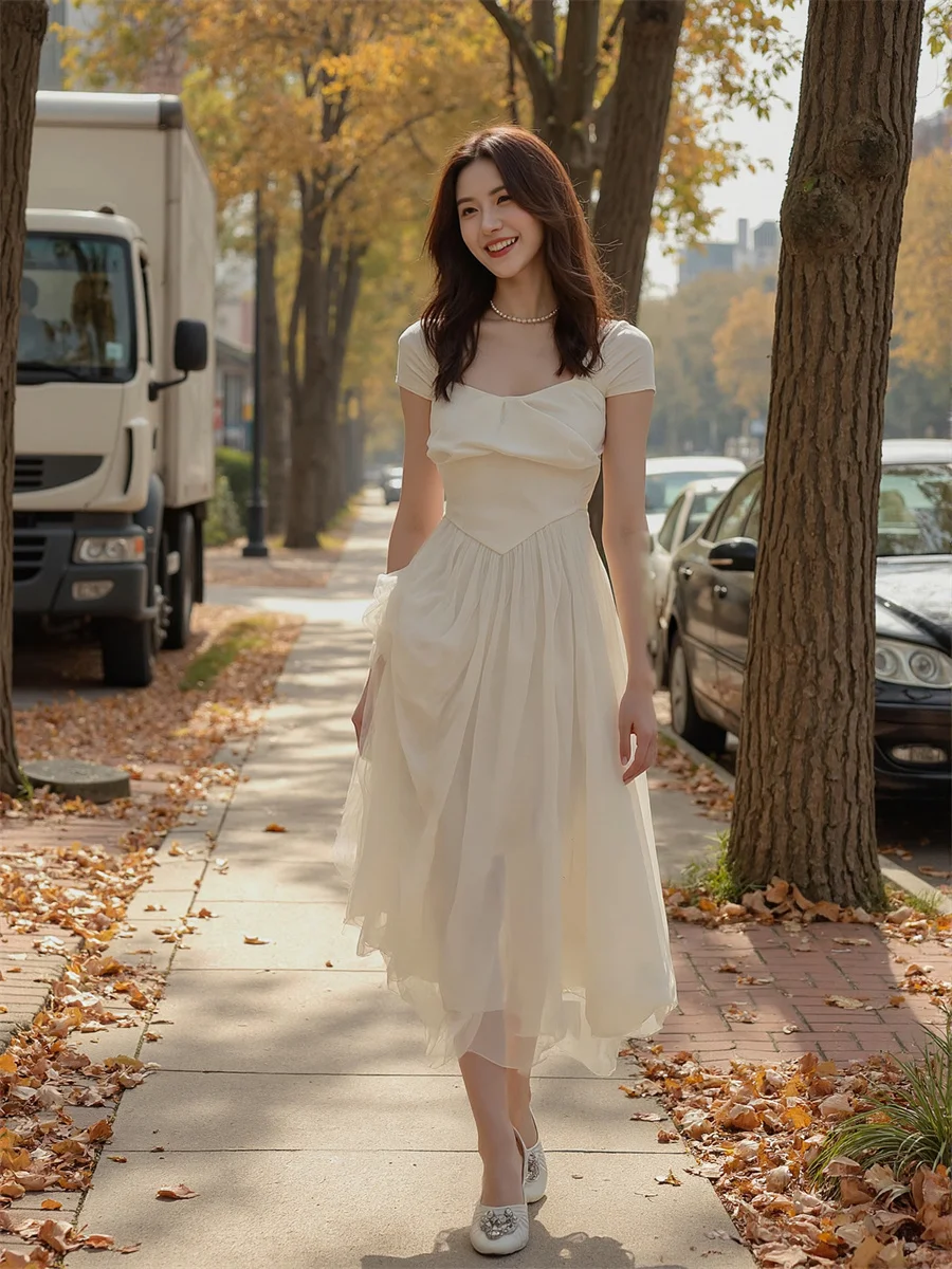 Abiti Midi Stile Francese Puro a Maniche Corte, Abbigliamento Femminile Primaverile con Strass, Abito da Cocktail Sciolto e Chic