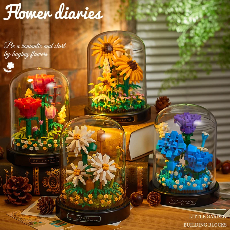 Eternal Life Flower Micro Building Blocks with Dust Cover Creative DIY Model Bricks Puzzle Assembly Toys Home Decor Kids Gifts