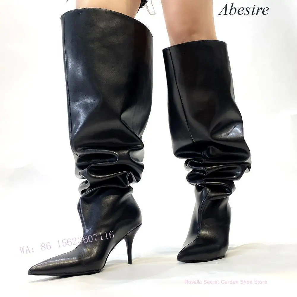 New Large Tube Pleated Super Thin High Heel Pointed Toe Trendy Bright Leather Slimming Large Size Women's Over-The-Knee Boots