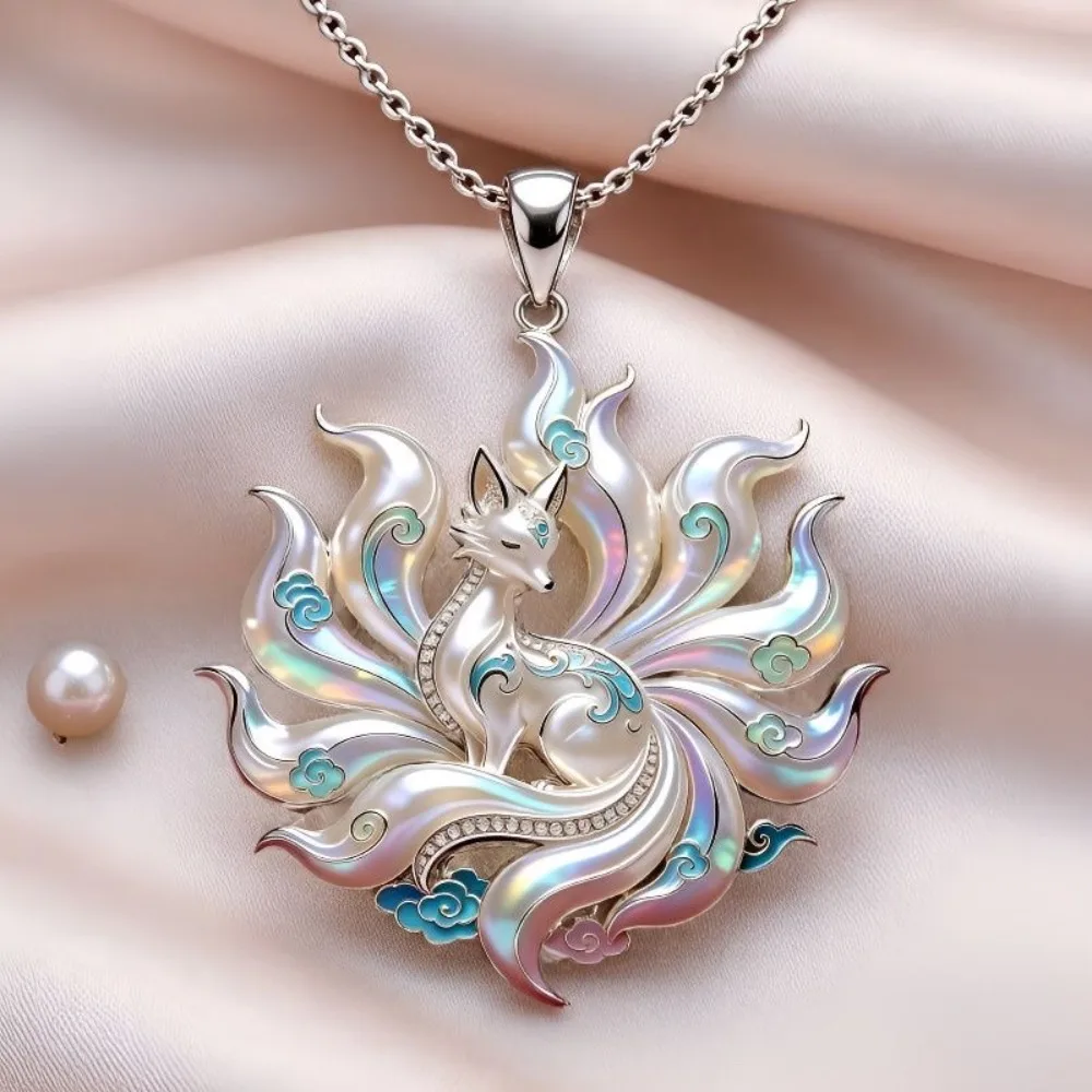 New Chinese Mythology Nine-Tailed Fox Cloud Pattern Enamel Pendant Necklace For Men Women Friends Lucky Souvenir Jewelry Gifts