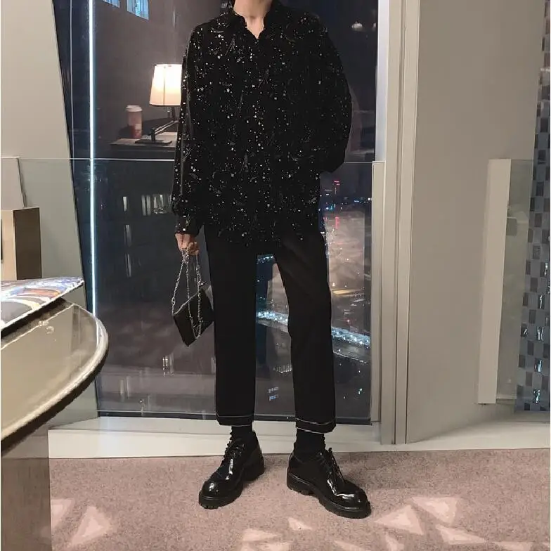

Foufurieux High end Black Shirt Men Clothing Spring Trendy Nightclub Style Handsome Sequins Long Sleeve Loose Casual Men Shirts