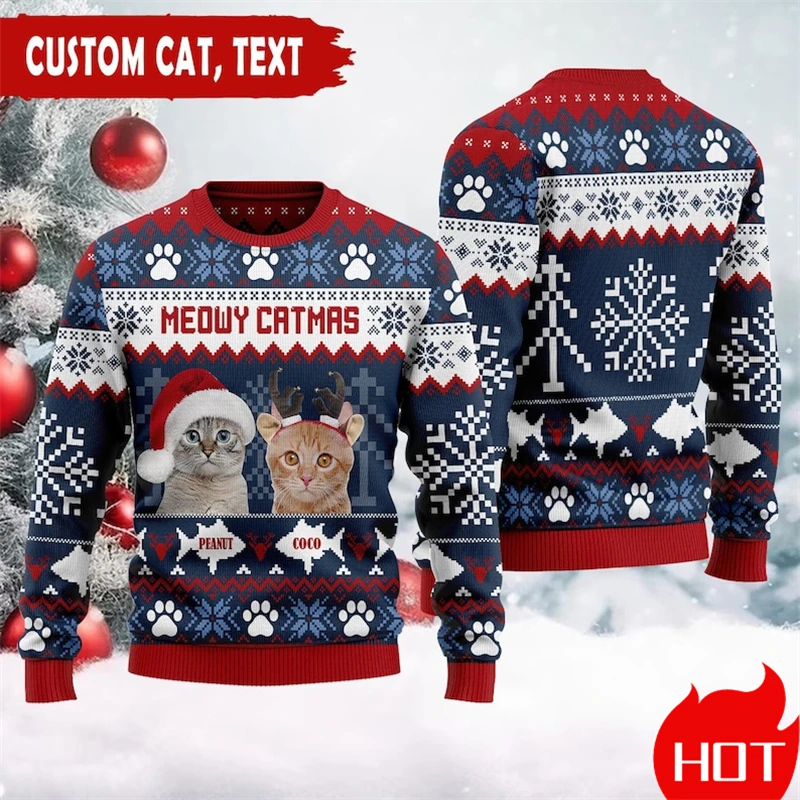 Custom Pet Cat Face Family Ugly Sweaters Funny Personalized Christmas Sweatshirts Customized Sweatshirts Unisex 3D Print Tops