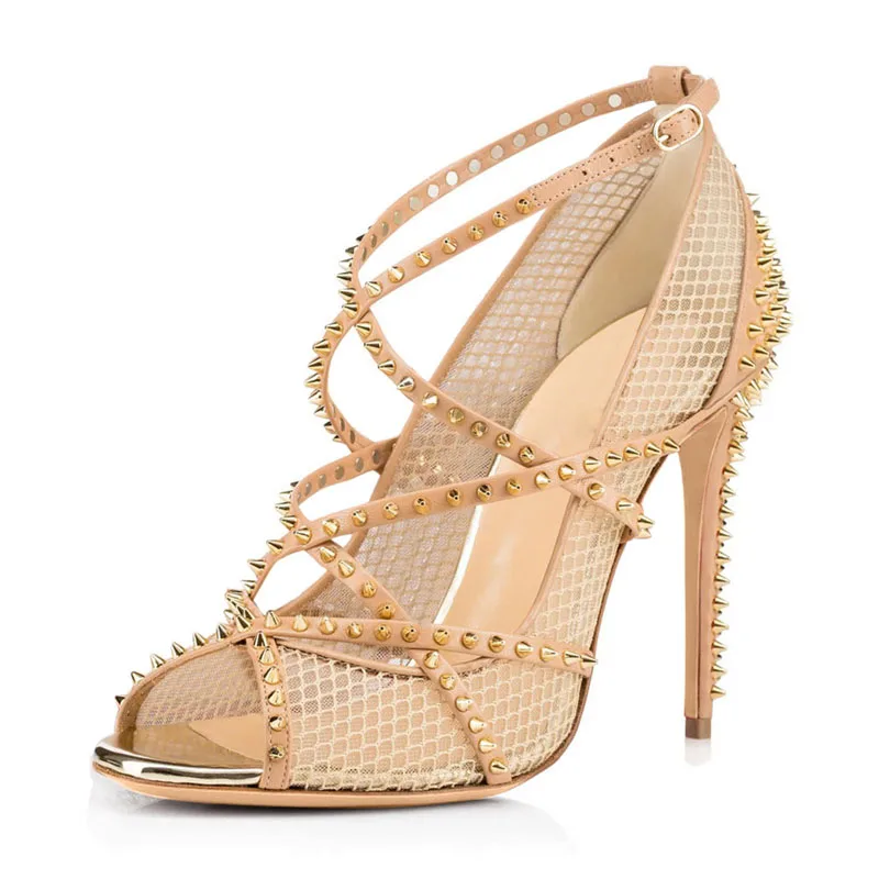 

Сексуальные сандалии с металлическими заклепками и заклепками, ремешками, скрещенными сетчатыми вырезами, летние туфли-лодочки на высоком каблуке-шпильке с шипами, банкетная обувь на высоком каблуке