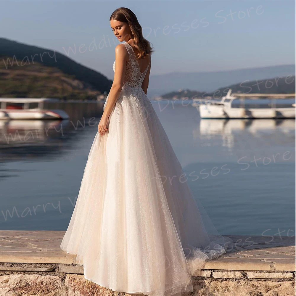 Vestidos de casamento fashion linha A para mulheres, apliques de renda encantadores, vestidos de noiva gola V, tule espumante, novo