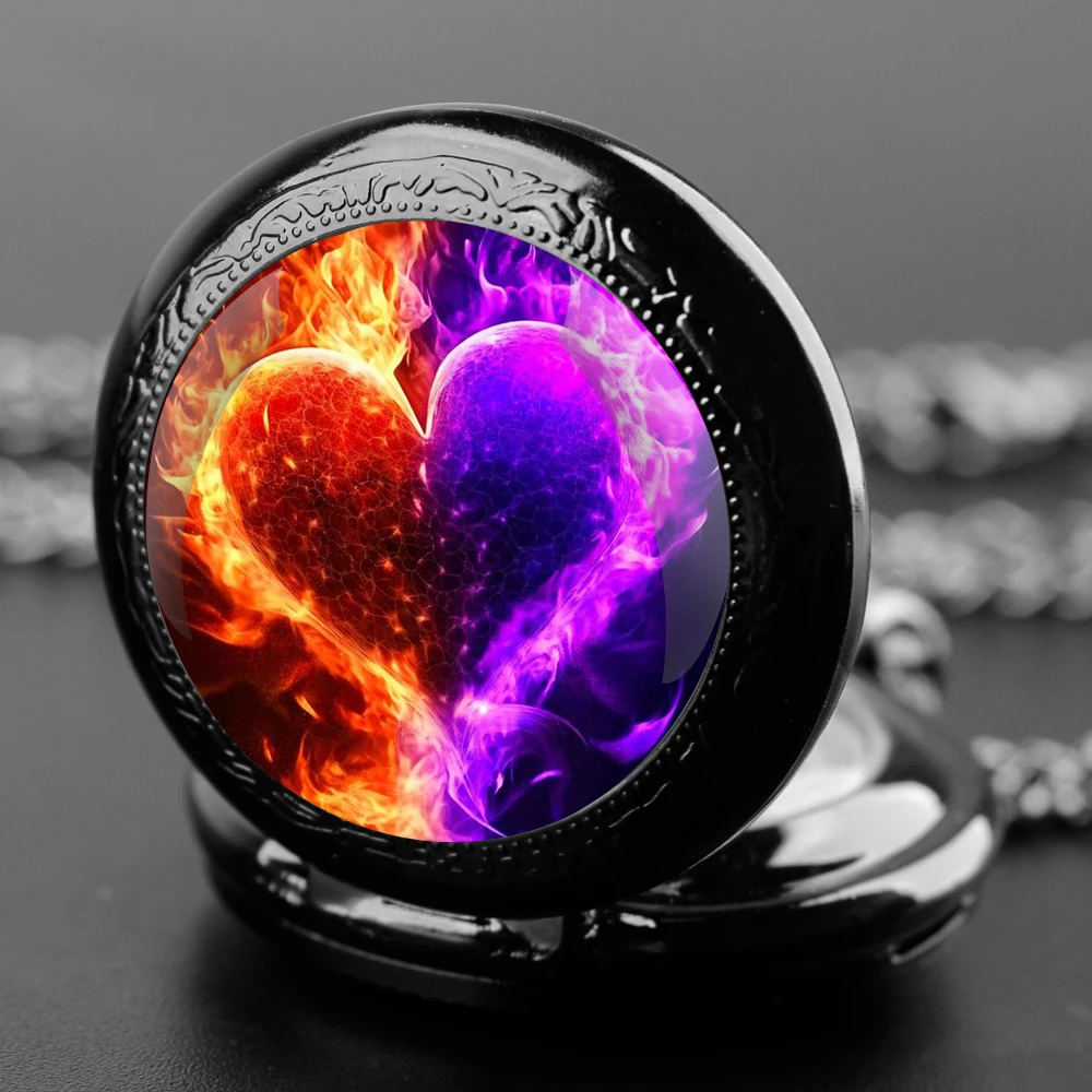 Red Purple Hearts  Design Glass Dome Quartz Pocket Watch With Durable Chain Arabic Numeral Dial For Men And Women Creative Gifts