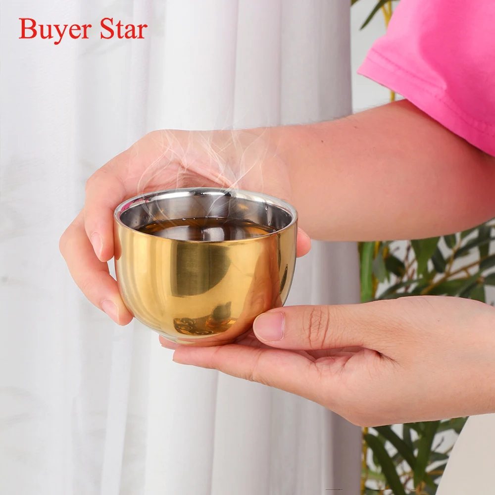 

4Pcs Gold Tea Cups Stainless steel Kungfu Teaware set Teacup water cup Heat-resisting metal double layer drinkware kitchen tools