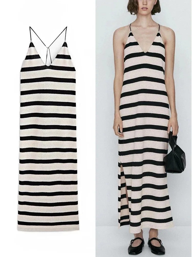 Women's V-Neck Spaghetti Strap Midi Dress Fashion Elegant Stripe Printed Dress Sleeveless Casual Loose Midi Dresses