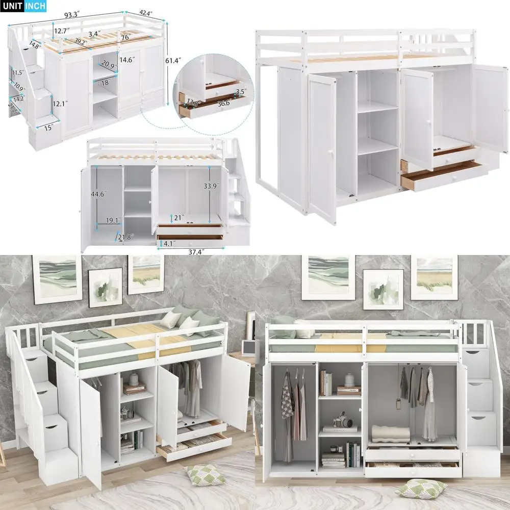 

Двухъярусная кровать для детей размера Twin с лестницей, местом для хранения и 2 шкафами, белая деревянная кровать с 3 полками для подростков