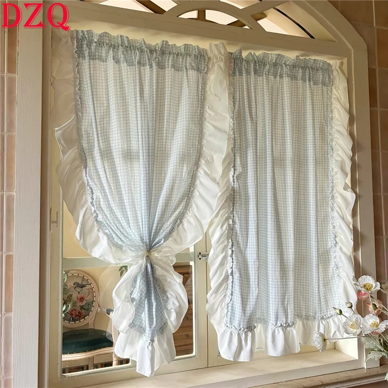 Idyllic Japan Checkered Pattern Door Curtains Cloth for Living Room Blue Plaid Warp Ruffled Curtains for Kitchen #A659