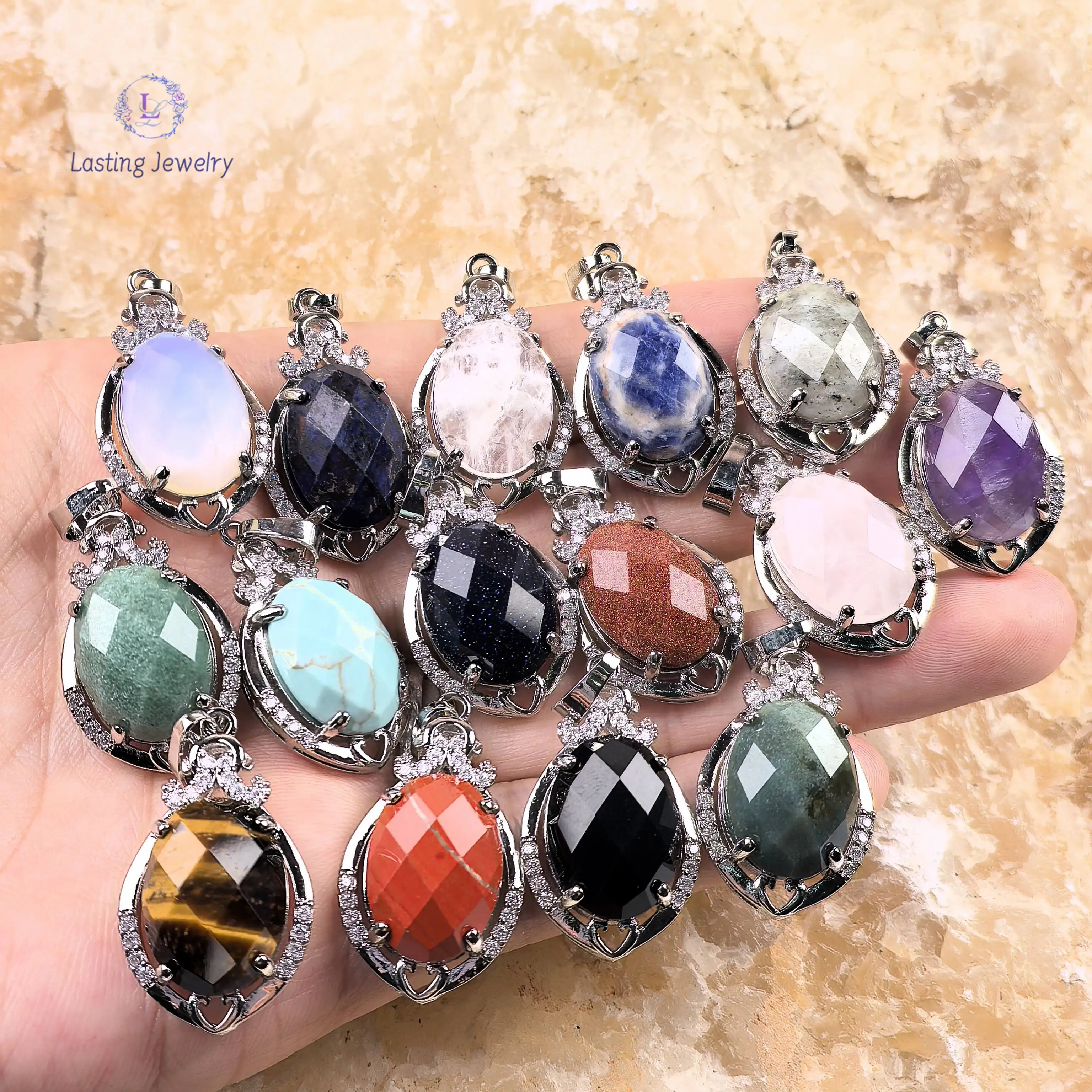 

Plated Silver Teardrop Pendants,Faceted Gemstone Oval Cabochon Turquoise Sodalite Healing Crystal Charms Necklace Jewelry Making