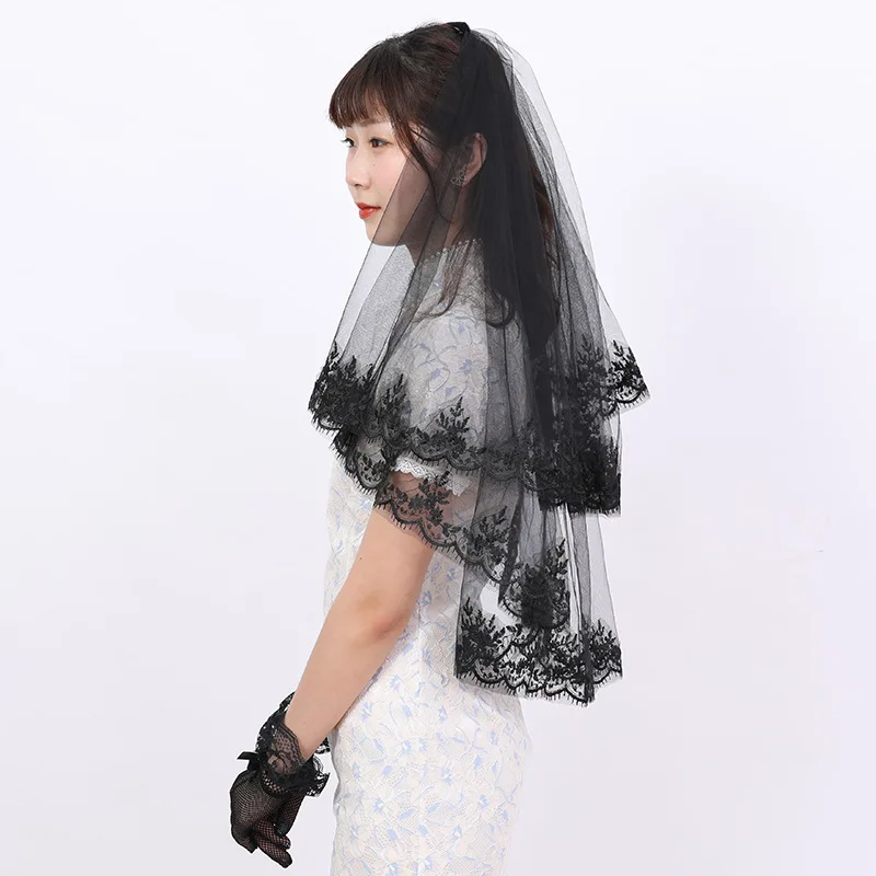 Veil Wedding Dress Bridal Wedding Party Short Double Layer Comb Dark Halloween Black Tiara Lace Veil Veil with Rhinestones