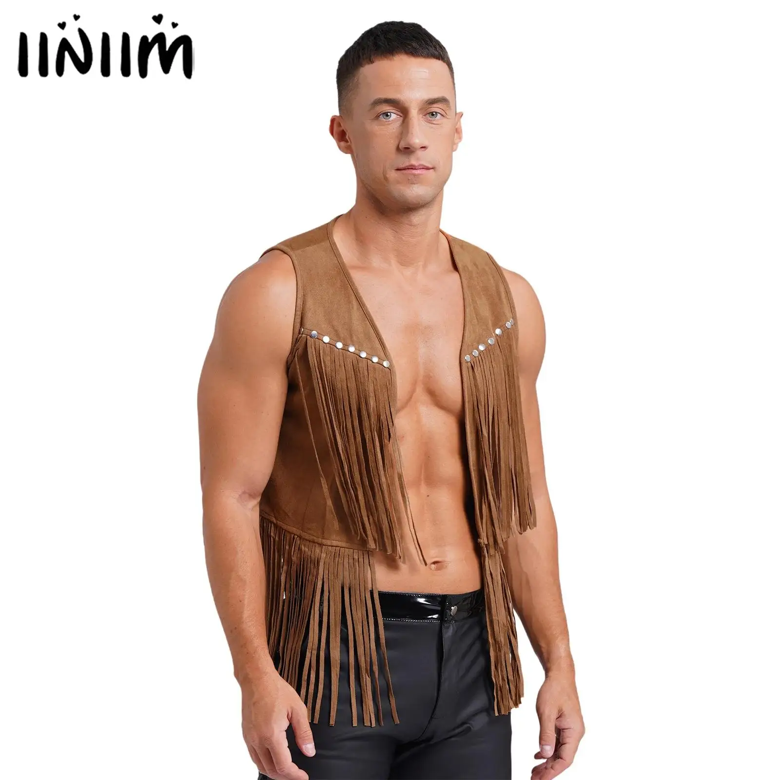 Mens Open Front Jacket Western Cowboy Vest Hippie Cosplay Costume Faux Suede Tassel Vest Retro Fashion Rivets Fringe Waistcoat