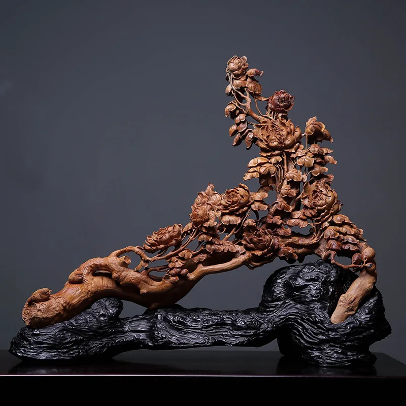 sandalwood handmade statue, indoor entrance, home furnishing, cultural and play ornaments, collections, flowers bloom and wealth