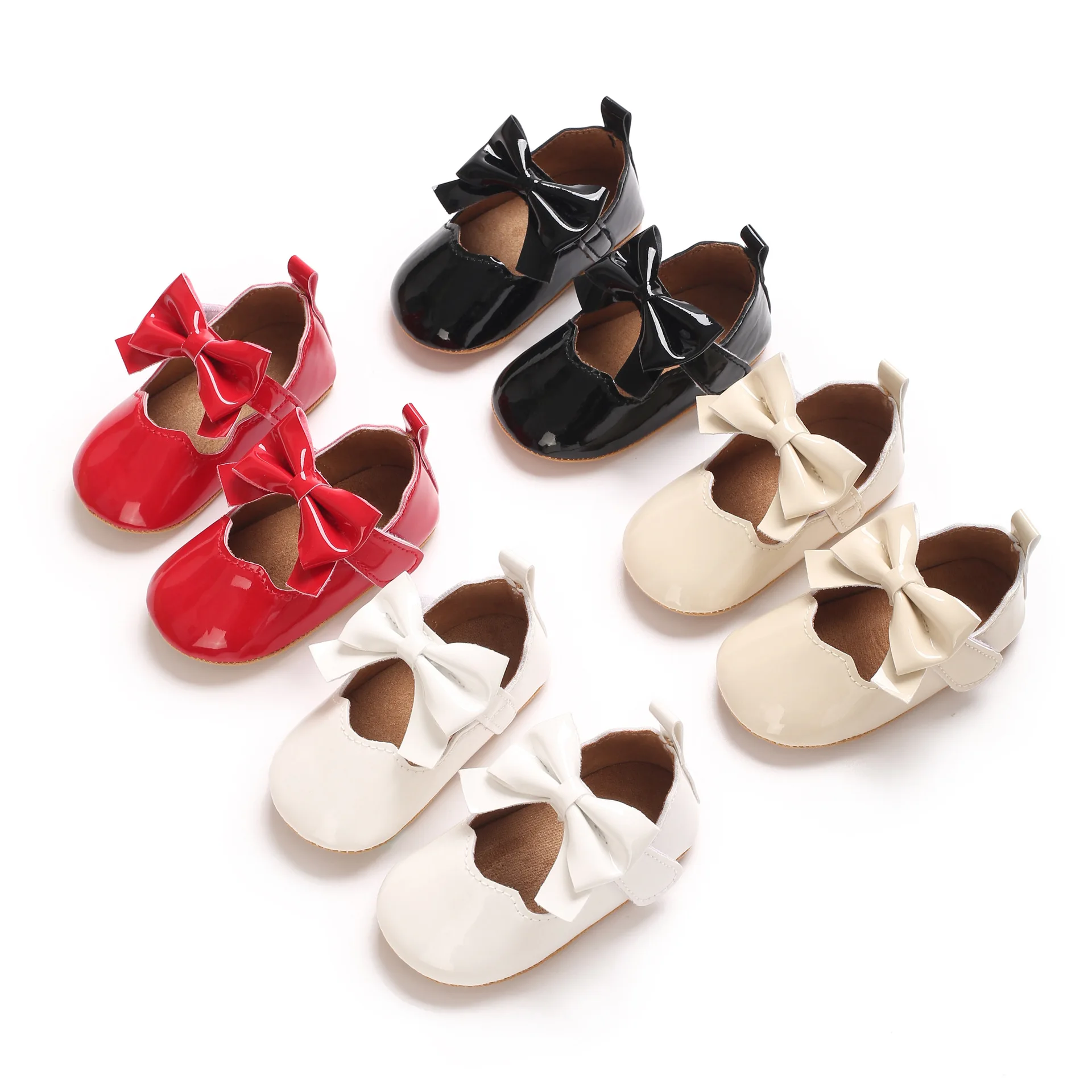 

2026 0-1Y Baby Shoes Large Shiny Bow Scalloped Edge Girls Princess Shoes Velcro Closure Non-Slip Soft Sole Baby Walking Shoes