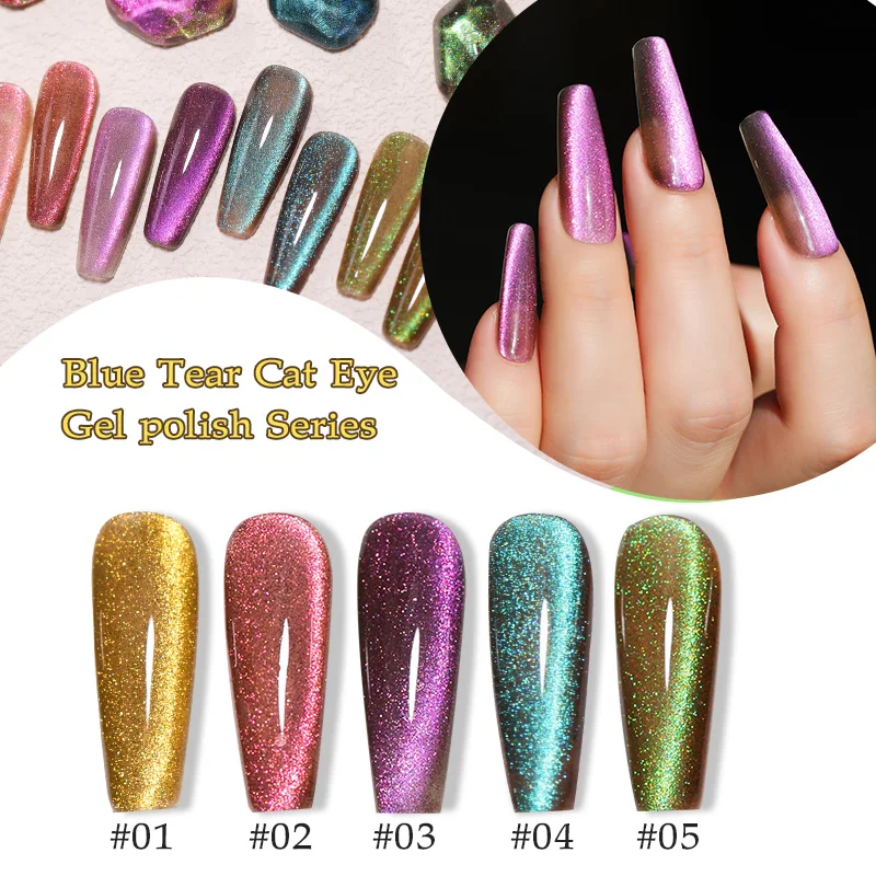 

10ml Blue Tears Cat Eye Gel Nail Polish Soak off Semi Permanent Glitter Varnish UV Holographic Magnetic Gel Polish Nail Art