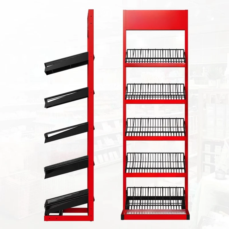 

Easy-to-install multi-tiered tilted beer display stands in red and black combo style for display in beer brand stores