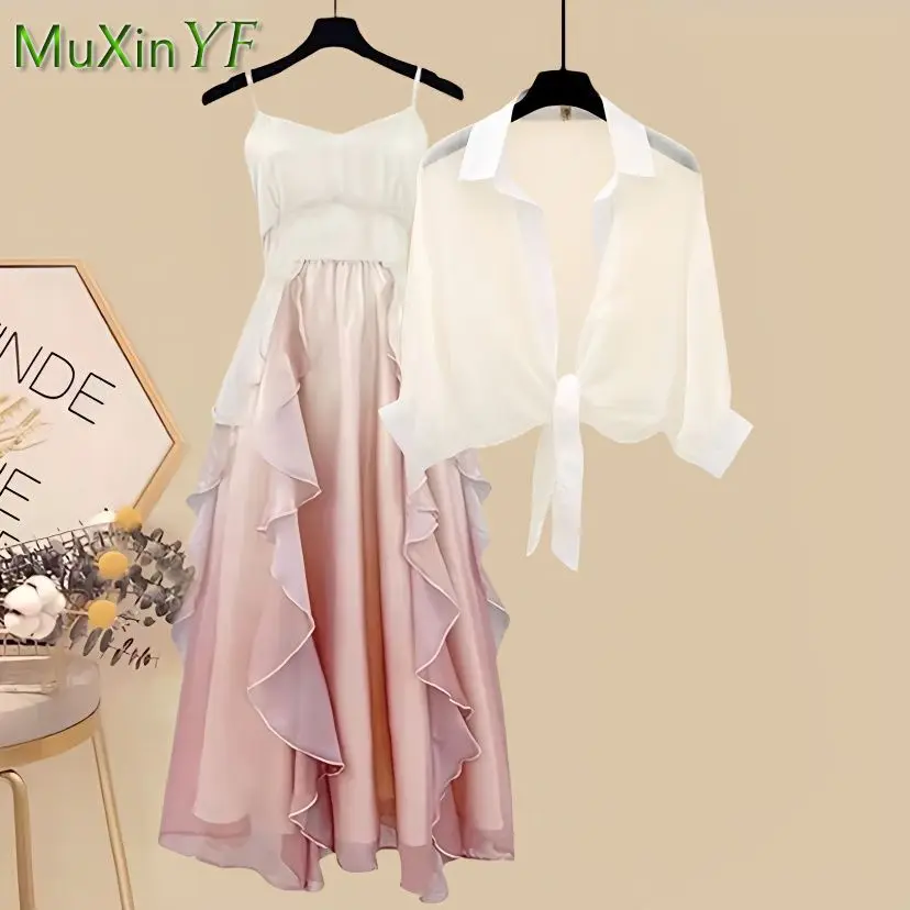 Women's fashion dress Suit 2023 summer new in matching set Korean elegant shawl top+Pink Length Skirt  two-piece Female Clothing