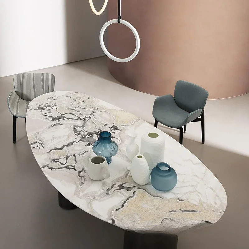 Italian simple light luxury Pandora Amazon green snow mountain flying fox marble oval dining table