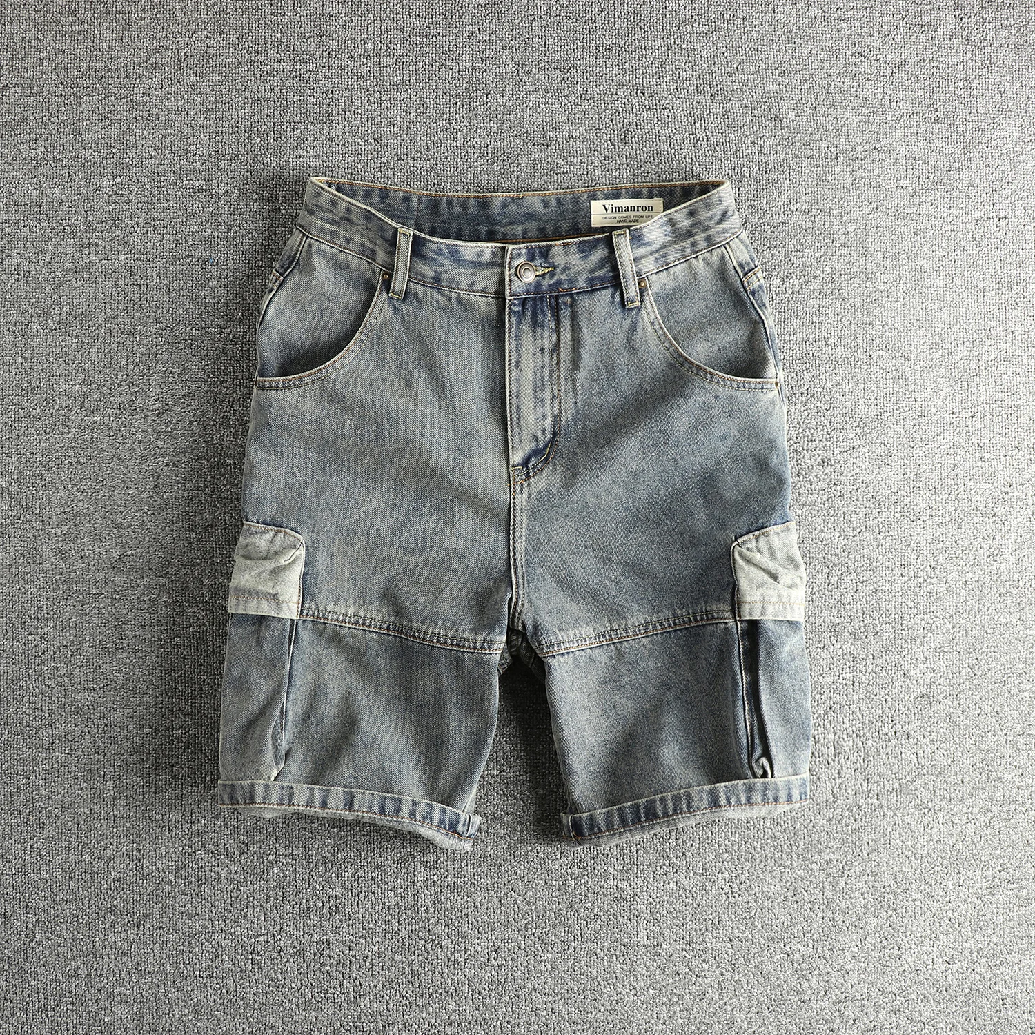 2025 Summer New American Retro Multi Pocket Denim Cargo Shorts Men's 85.7% Cotton Washed Straight Loose Casual Five-point Pants
